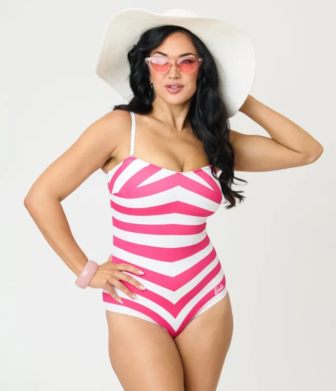 Barbie™ x Unique Vintage Pink & White Chevron Stripe One Piece Bathing Suit made by Unique Vintage