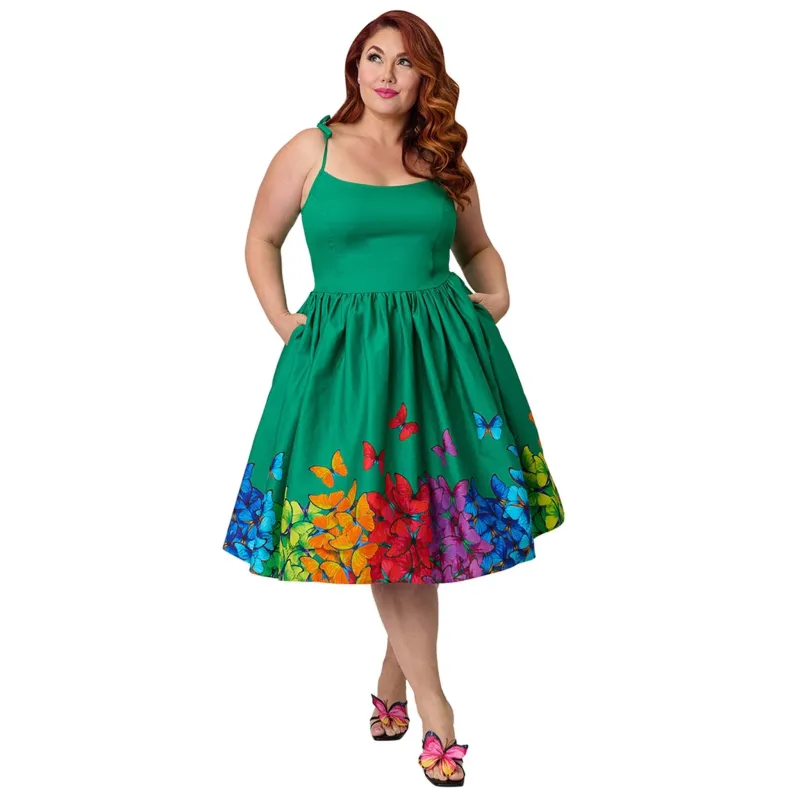 Unique Vintage Plus Size Green & Rainbow Butterfly Cotton Bobbie Swing Dress made by Unique Vintage