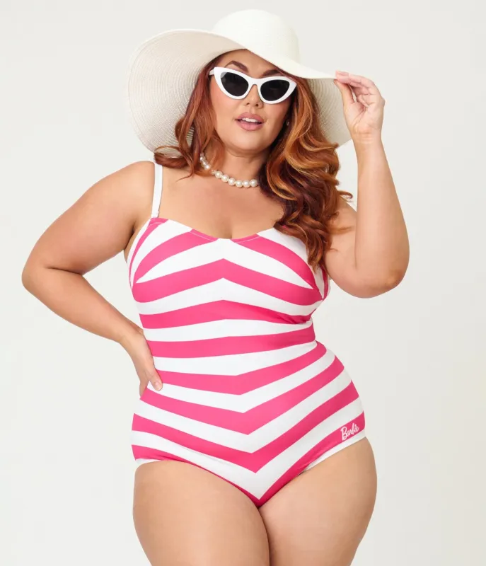 Barbie™ x Unique Vintage Plus Size Pink & White Chevron Stripe One Piece Bathing Suit sold by Unique Vintage