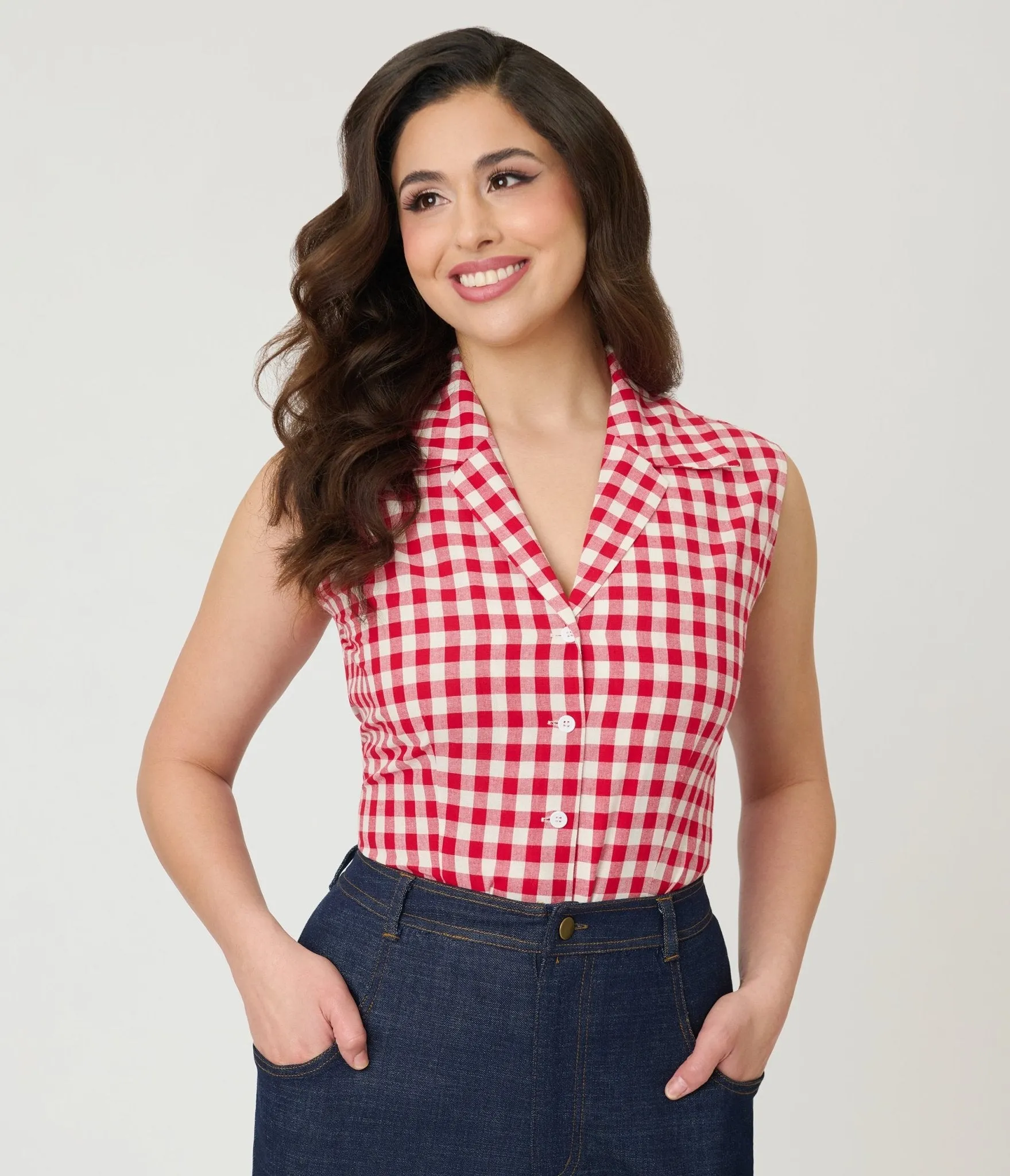 Barbie™ x Unique Vintage Red Gingham Picnic Blouse sold by Unique Vintage