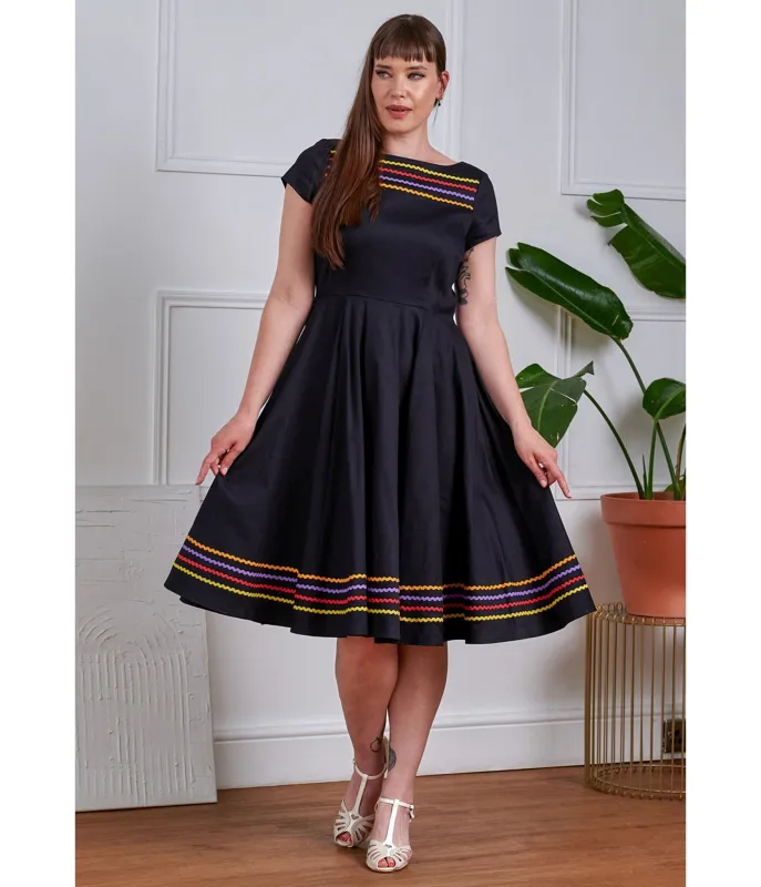 Banned Black & Rainbow Carmen Cotton Swing Dress made by Unique Vintage