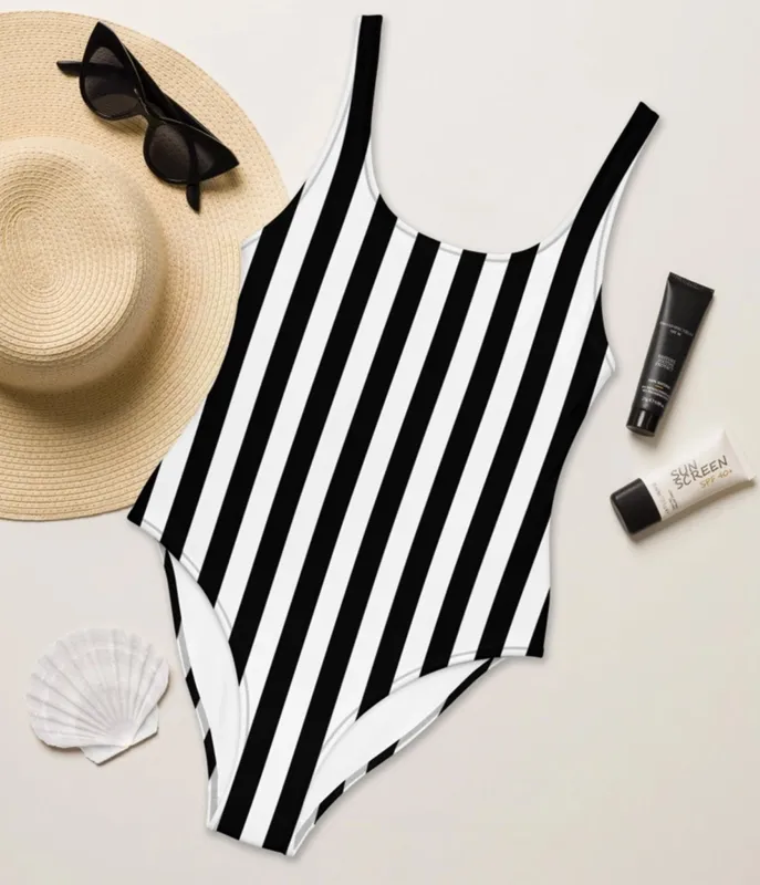Black & White Stripe One-Piece Swimsuit sold by Unique Vintage