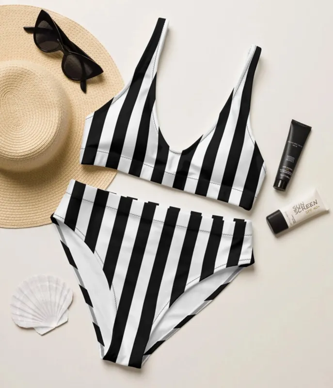 Black & White Stripe High Waist Swim Set sold by Unique Vintage