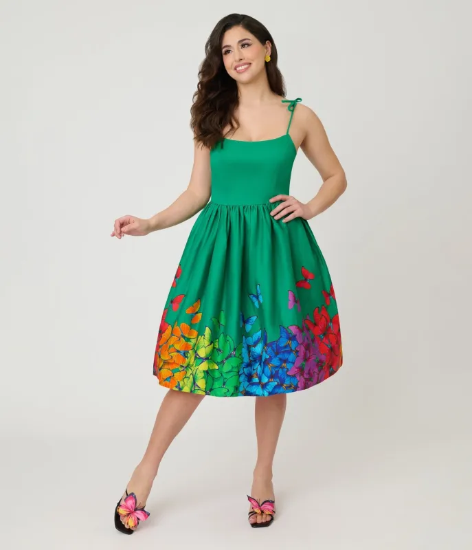 Unique Vintage Green & Rainbow Butterfly Cotton Bobbie Swing Dress sold by Unique Vintage