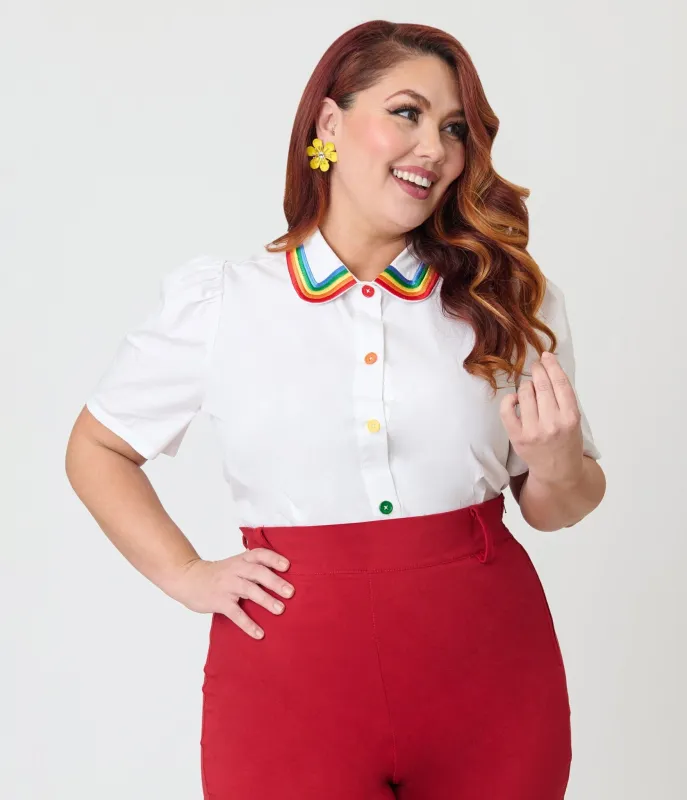 Unique Vintage Plus Size White Rainbow Embroidered Collar Blouse sold by Unique Vintage