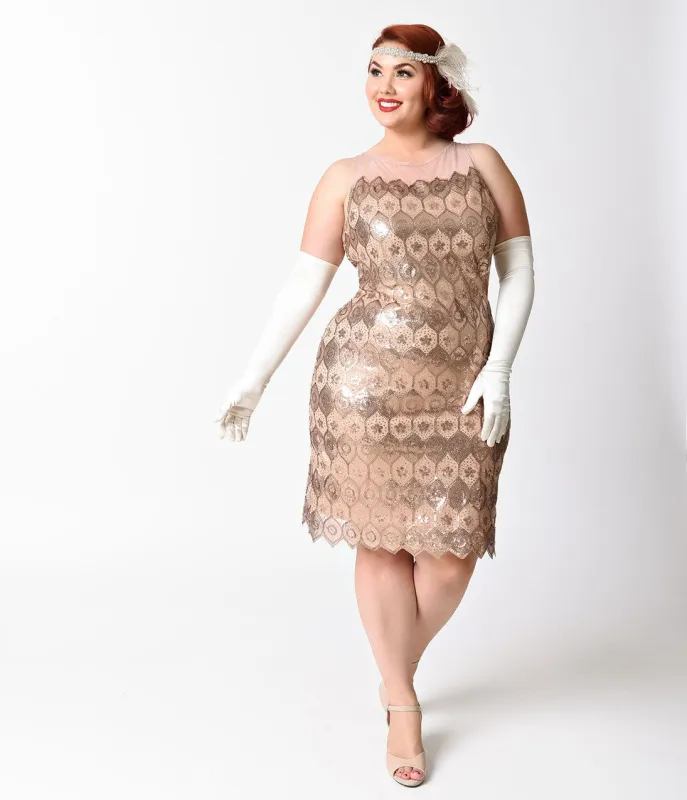 Unique Vintage Plus Size 1920s Bronze Geometric Sequin Clifton Flapper Dress sold by Unique Vintage