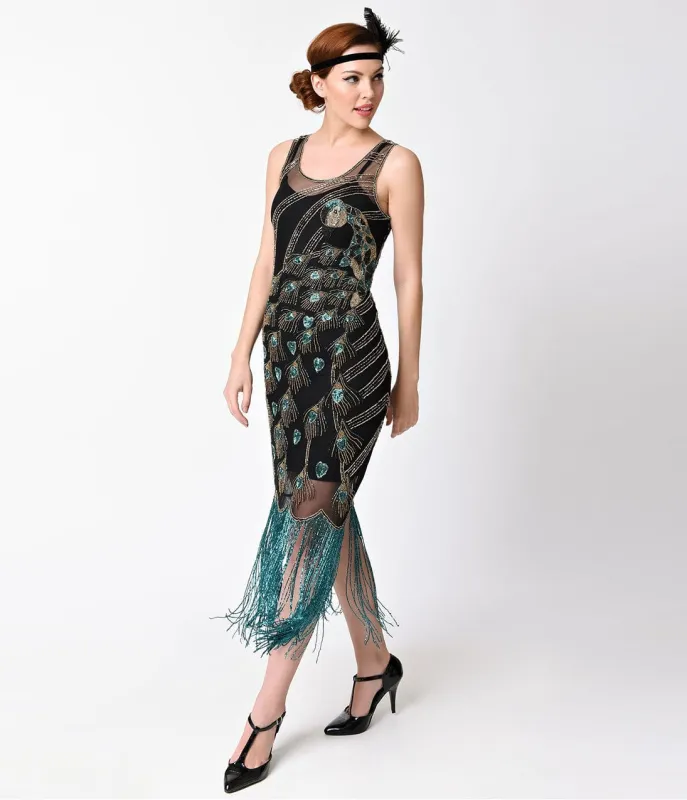 Unique Vintage 1920s Black & Green Beaded Joplin Peacock Flapper made by Unique Vintage