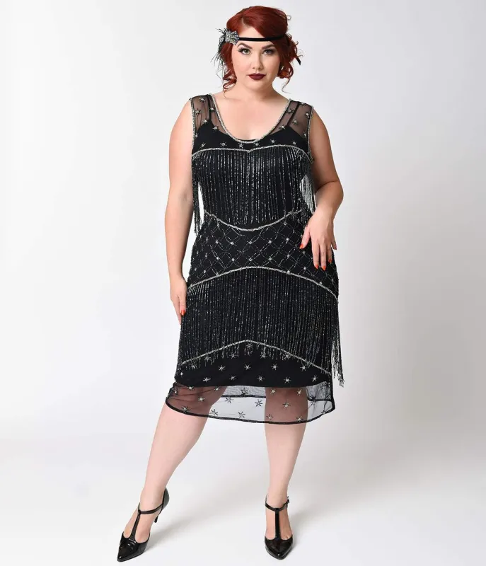 Unique Vintage Plus Size 1920s Style Black & Gunite Beaded Bechet Flapper made by Unique Vintage