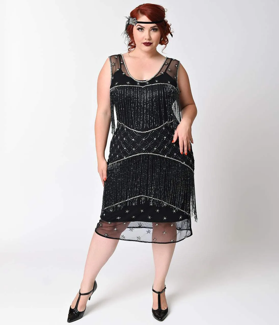 Unique Vintage Plus Size 1920s Style Black & Gunite Beaded Bechet Flapper sold by Unique Vintage