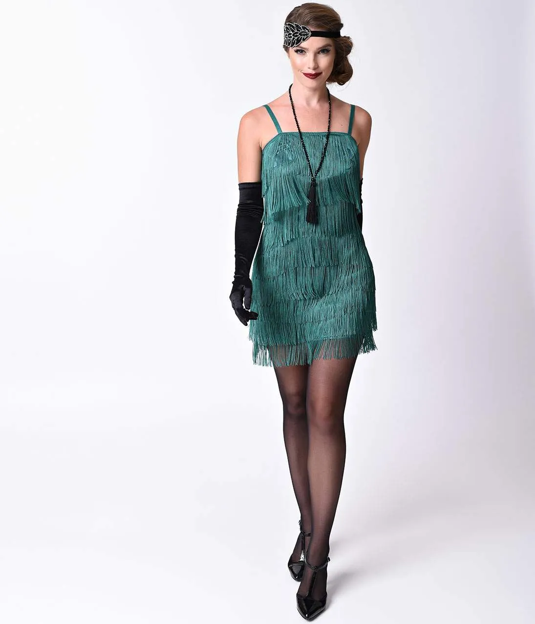 Unique Vintage 1920s Emerald Green Speakeasy Tiered Fringe Flapper Dress sold by Unique Vintage product image thumbnail 5