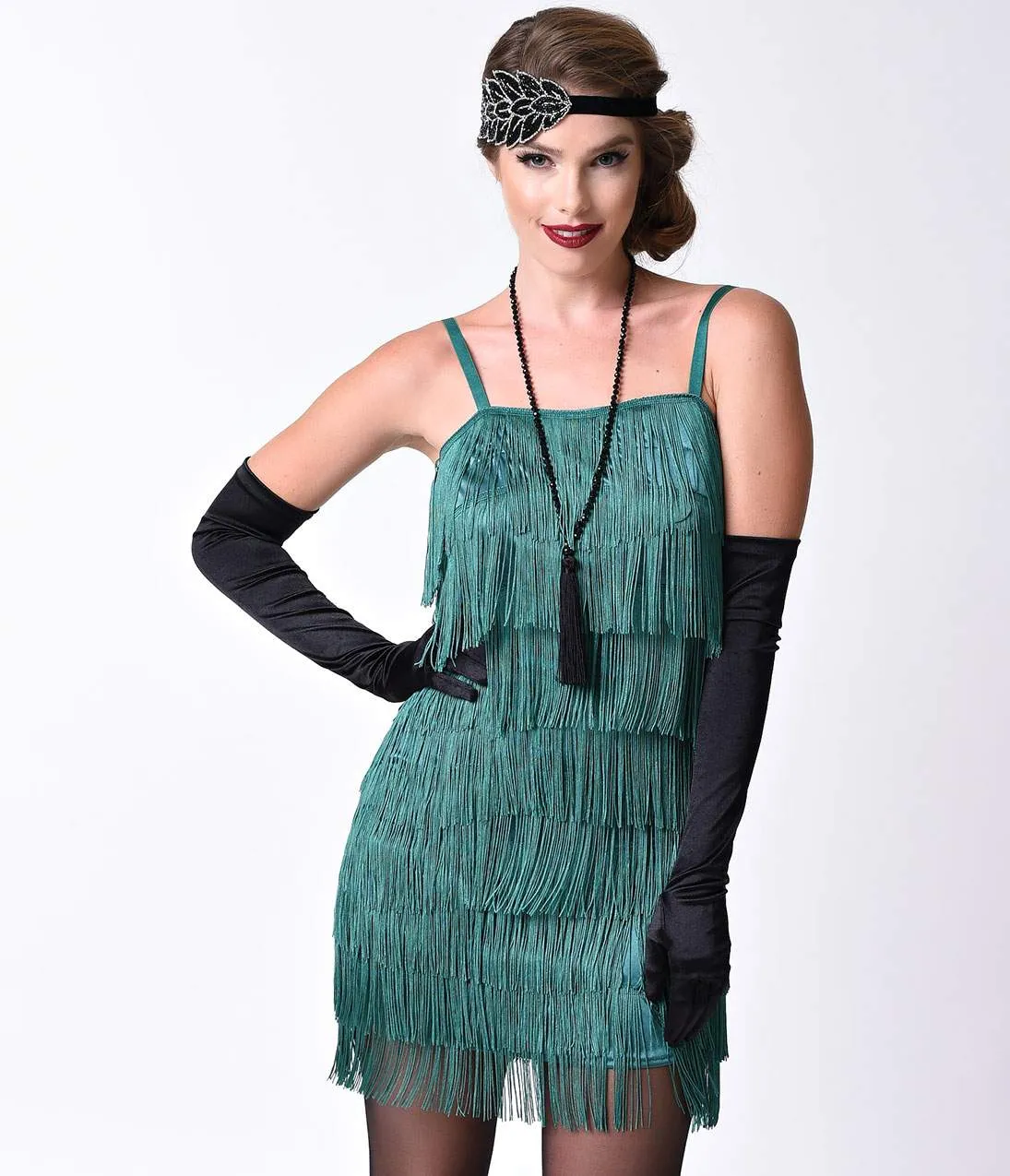Unique Vintage 1920s Emerald Green Speakeasy Tiered Fringe Flapper Dress sold by Unique Vintage product image thumbnail 4