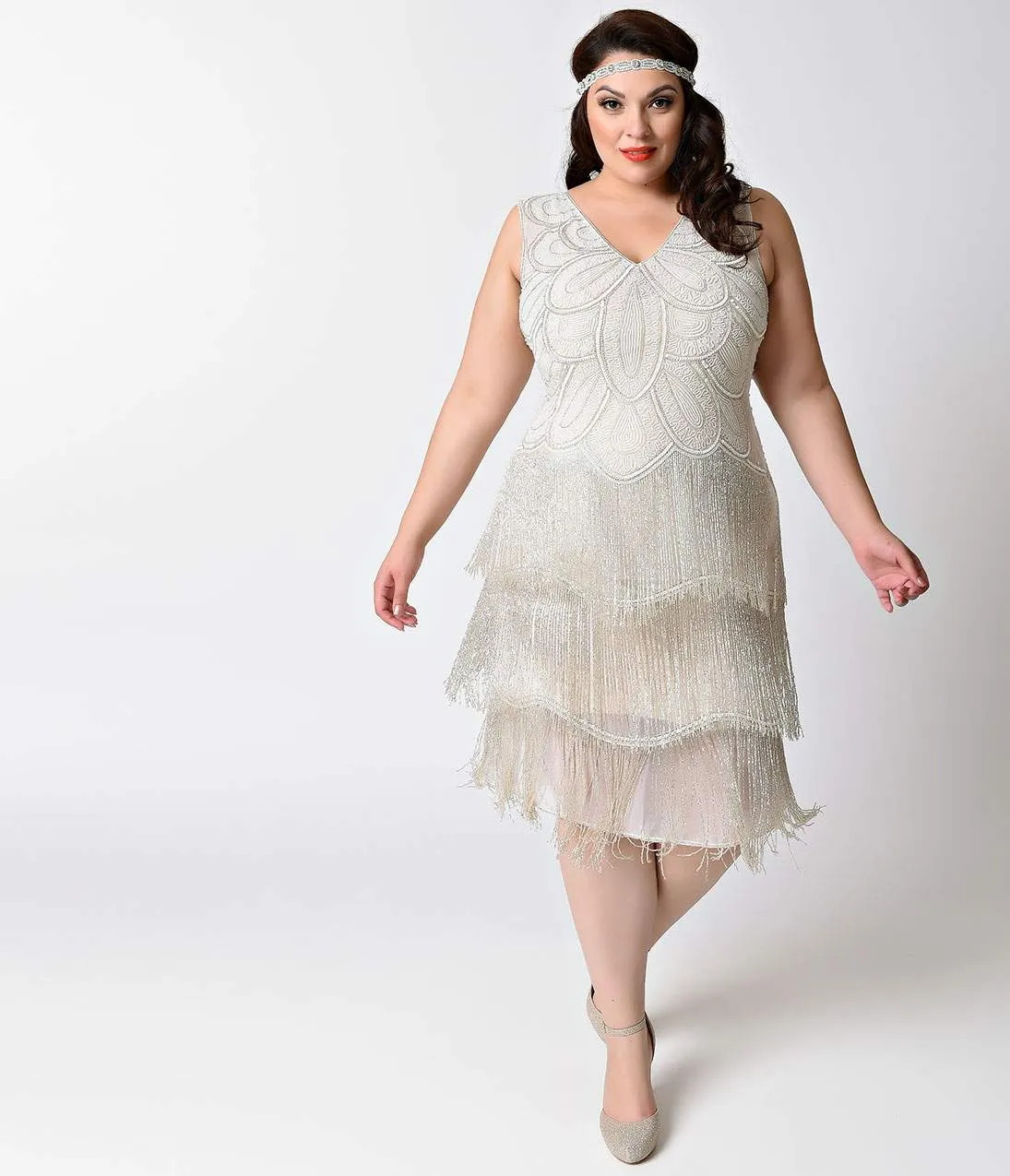 Unique Vintage Plus Size 1920s White Beaded Gigi Chiffon Fringe Flapper Dress sold by Unique Vintage product image thumbnail 4