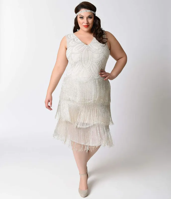 Unique Vintage Plus Size 1920s White Beaded Gigi Chiffon Fringe Flapper Dress made by Unique Vintage