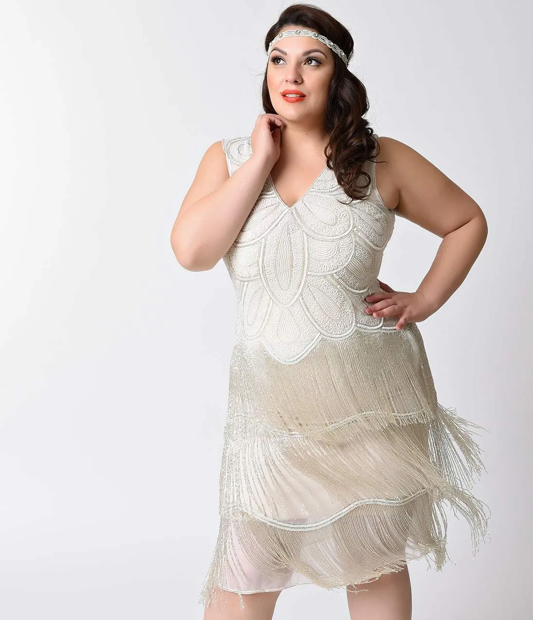 Unique Vintage Plus Size 1920s White Beaded Gigi Chiffon Fringe Flapper Dress sold by Unique Vintage product image thumbnail 5