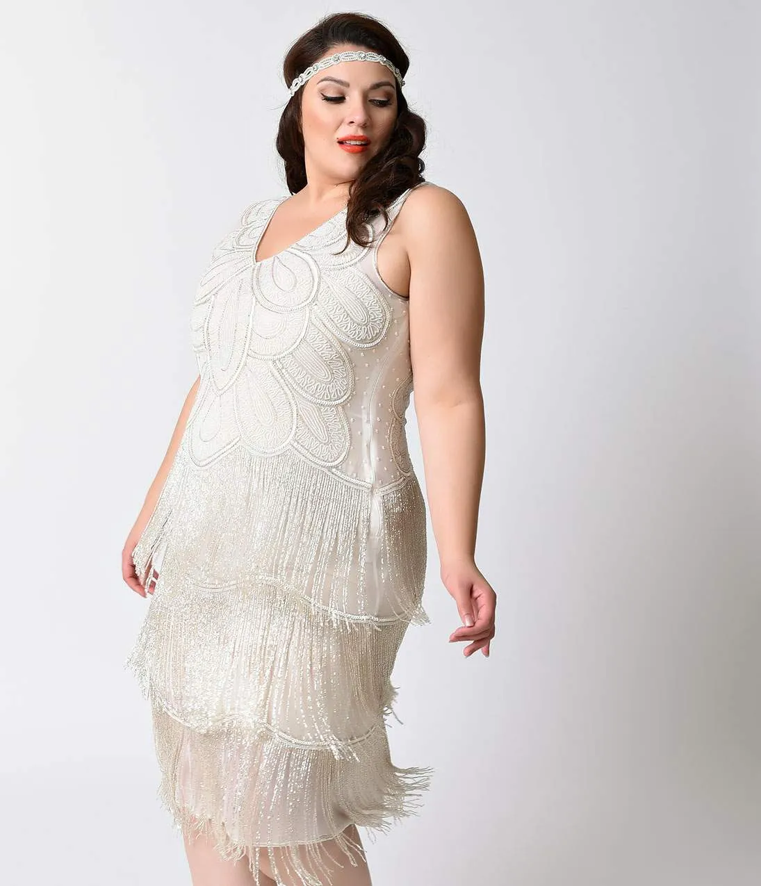 Unique Vintage Plus Size 1920s White Beaded Gigi Chiffon Fringe Flapper Dress sold by Unique Vintage product image thumbnail 2