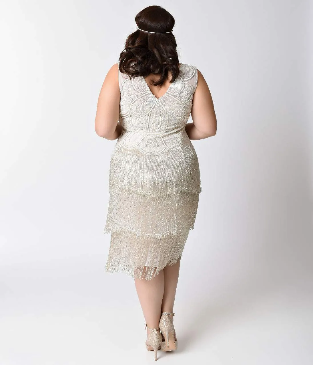 Unique Vintage Plus Size 1920s White Beaded Gigi Chiffon Fringe Flapper Dress sold by Unique Vintage product image thumbnail 3