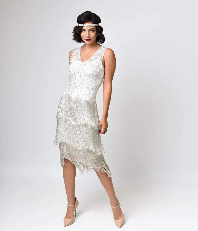 Unique Vintage 1920s White Beaded Gigi Chiffon Fringe Flapper Dress sold by Unique Vintage