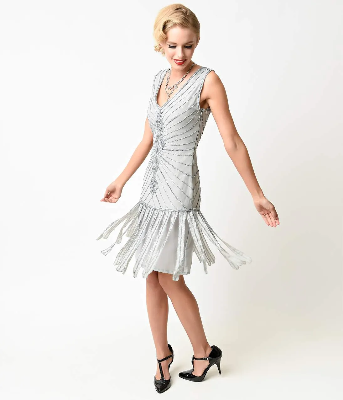 Unique Vintage 1920s Deco Silver Beaded Fringe Aelita Flapper Dress sold by Unique Vintage product image thumbnail 2