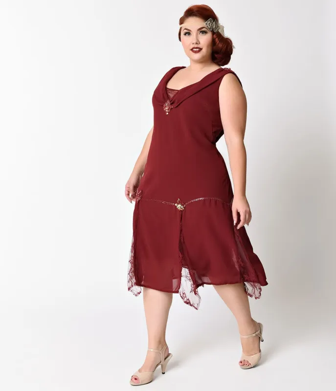 Unique Vintage Plus Size 1920s Burgundy Hemingway Flapper Dress made by Unique Vintage