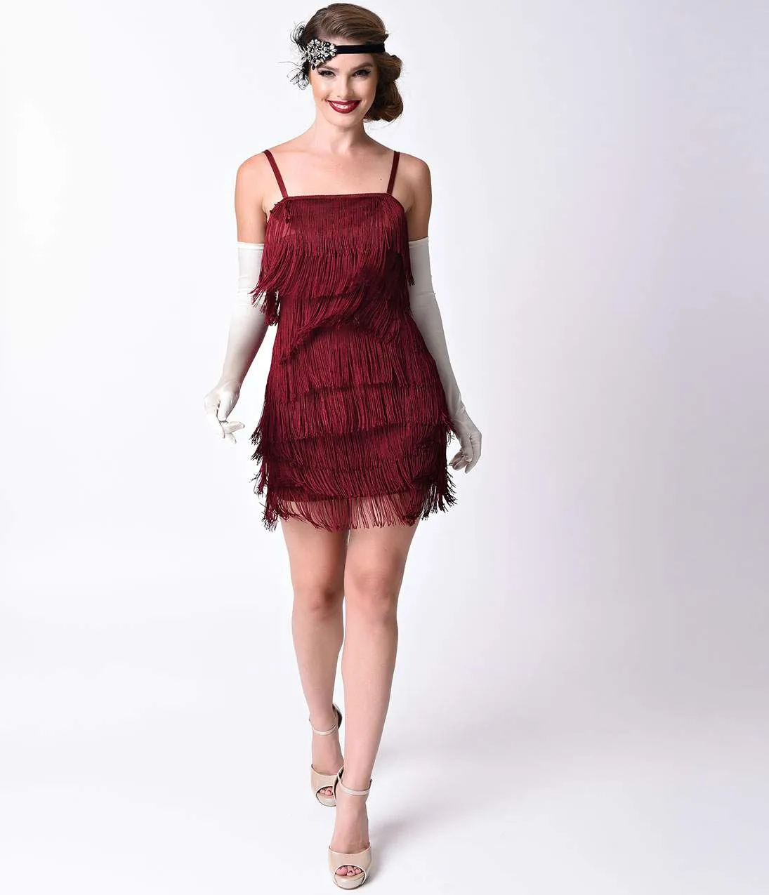 Unique Vintage 1920s Burgundy Speakeasy Tiered Fringe Flapper Dress sold by Unique Vintage