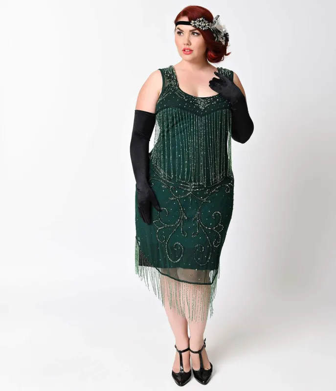 Unique Vintage Plus Size 1920s Style Green Claudette Fringe Beaded Flapper made by Unique Vintage