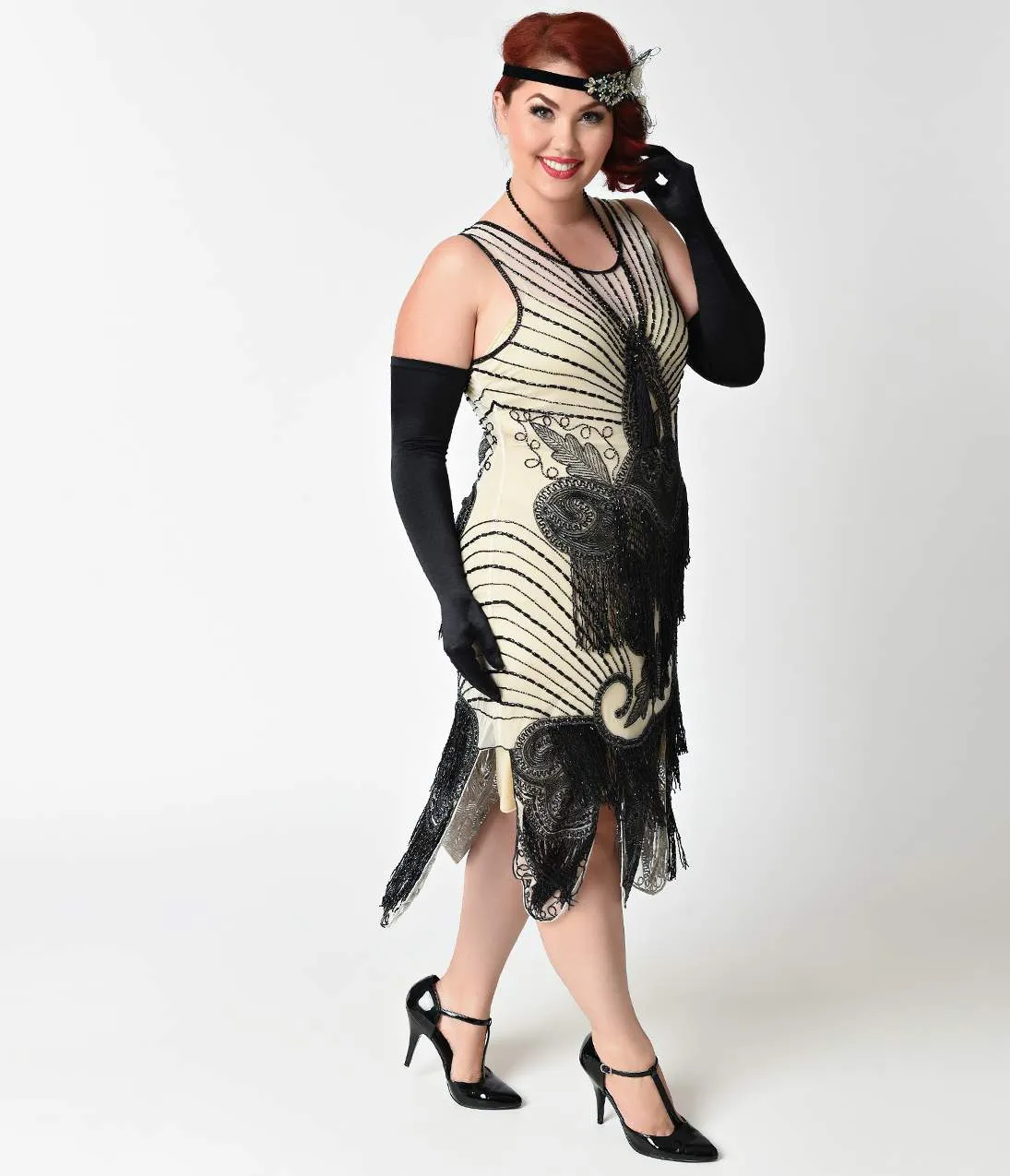 Unique Vintage Plus Size 1920s Ivory & Black Beaded Mesh Atlantic Fringe Flapper Dress sold by Unique Vintage product image thumbnail 5