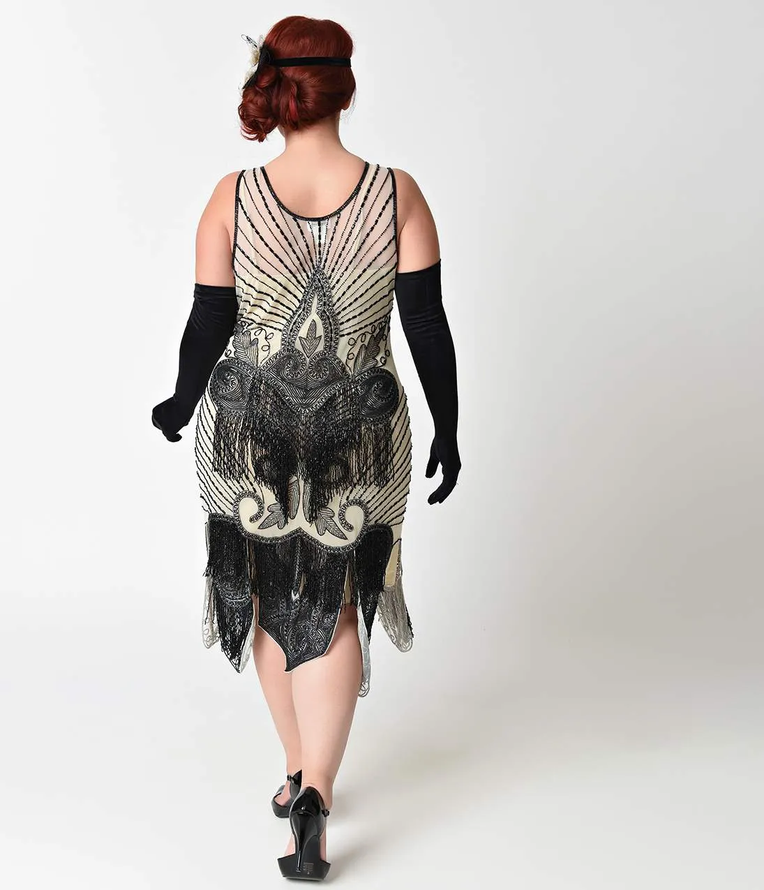 Unique Vintage Plus Size 1920s Ivory & Black Beaded Mesh Atlantic Fringe Flapper Dress sold by Unique Vintage product image thumbnail 2