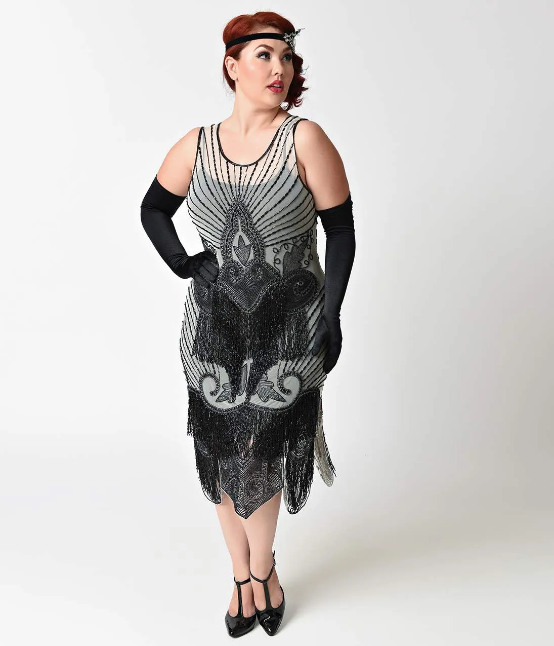 Unique Vintage Plus Size 1920s Ivory & Black Beaded Mesh Atlantic Fringe Flapper Dress sold by Unique Vintage product image thumbnail 3