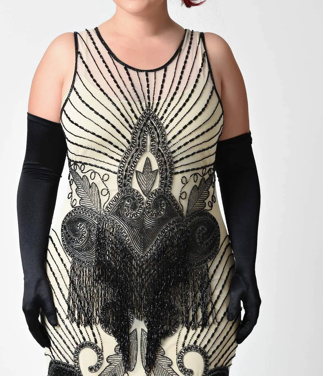 Unique Vintage Plus Size 1920s Ivory & Black Beaded Mesh Atlantic Fringe Flapper Dress sold by Unique Vintage product image thumbnail 4