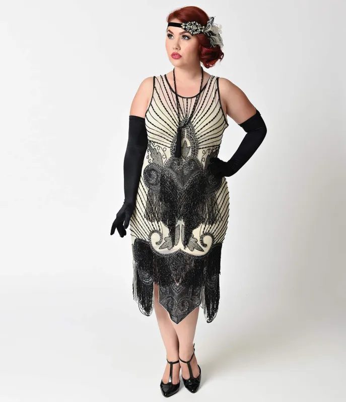 Unique Vintage Plus Size 1920s Ivory & Black Beaded Mesh Atlantic Fringe Flapper Dress made by Unique Vintage