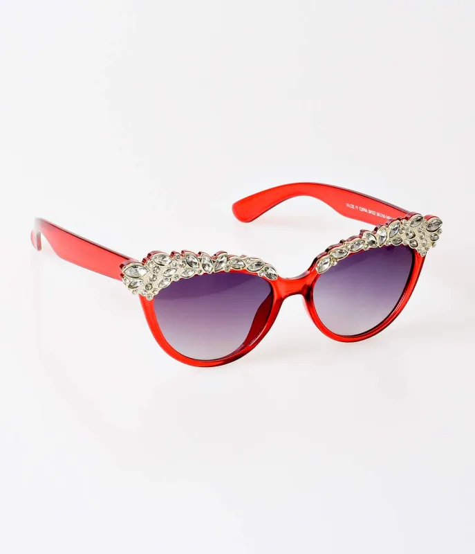 Red & Rhinestone Embellished Princess Mano Cat Eye Sunglasses sold by Unique Vintage
