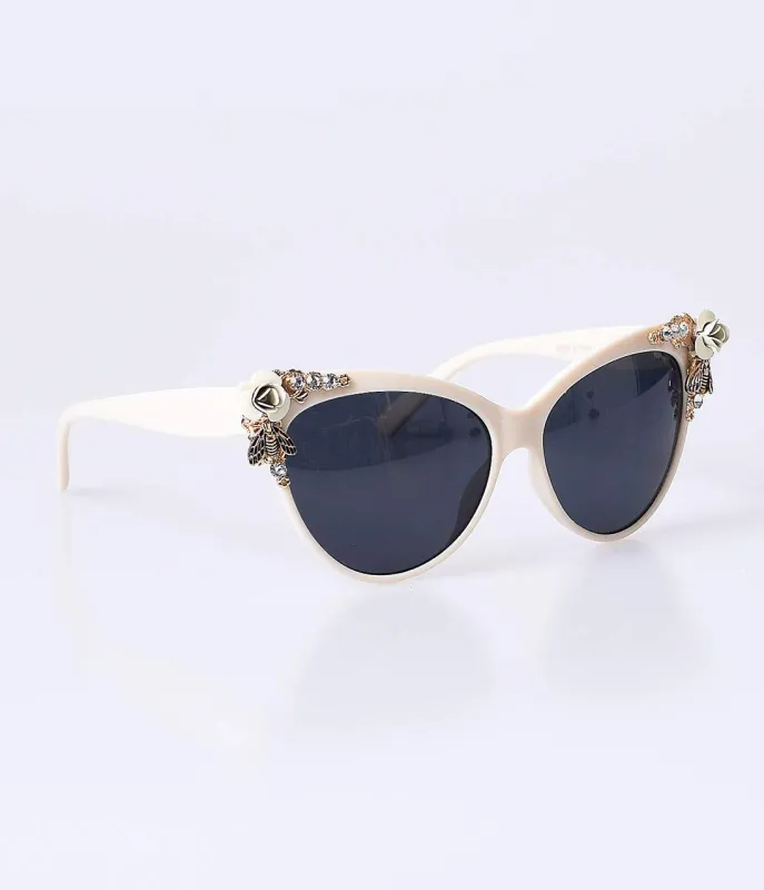 Cream & Gold Spring Embellished Mimi Cat Eye Sunglasses sold by Unique Vintage