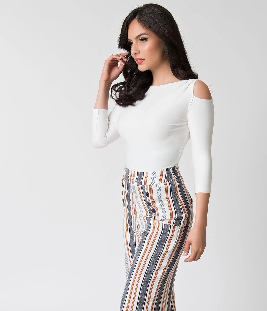 Unique Vintage 1940s Style White & Striped High Waist Sailor Ginger Pants sold by Unique Vintage product image thumbnail 3