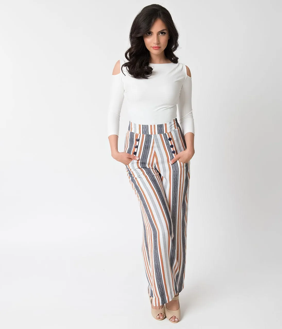 Unique Vintage 1940s Style White & Striped High Waist Sailor Ginger Pants sold by Unique Vintage product image thumbnail 4