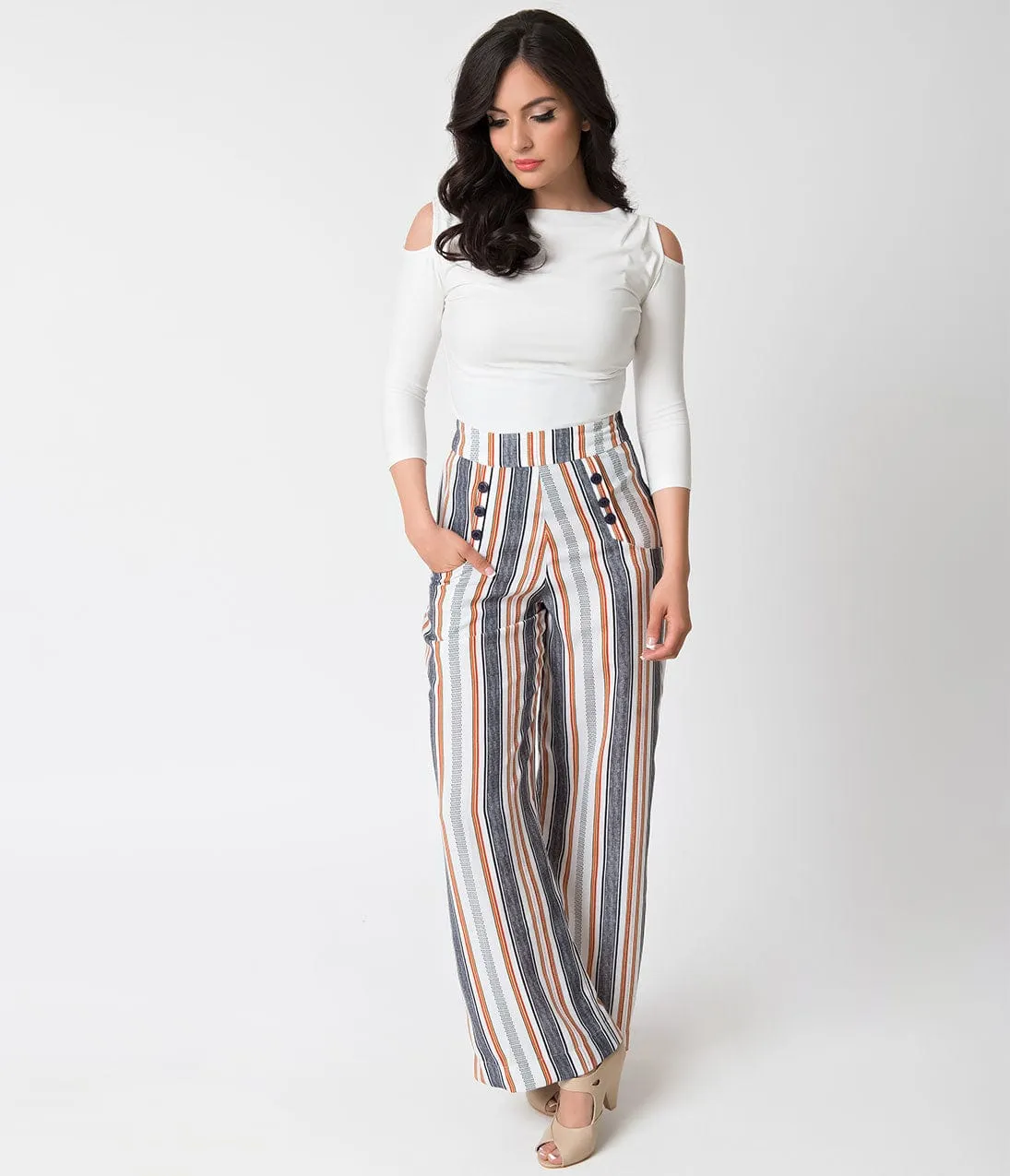 Unique Vintage 1940s Style White & Striped High Waist Sailor Ginger Pants sold by Unique Vintage