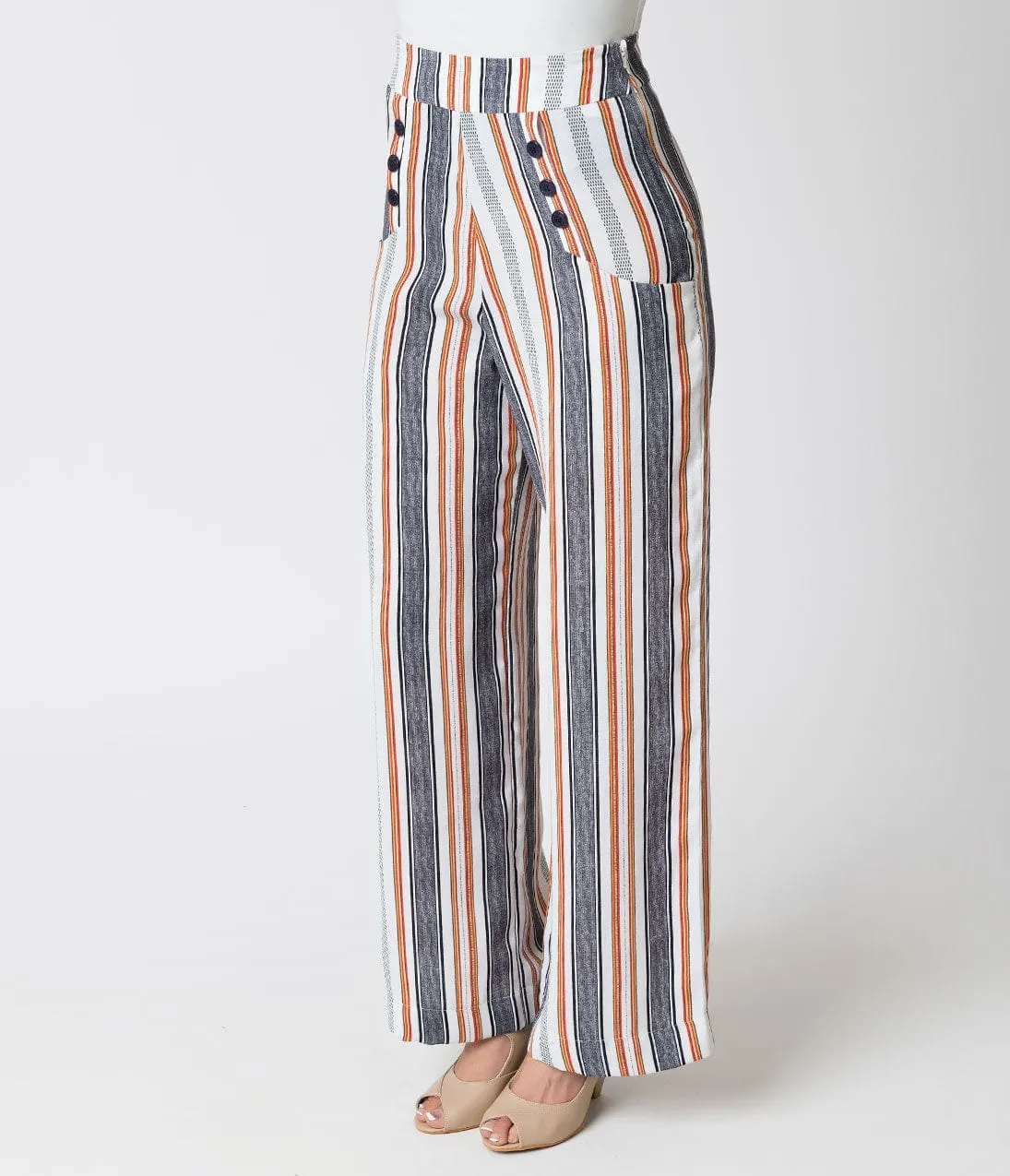 Unique Vintage 1940s Style White & Striped High Waist Sailor Ginger Pants sold by Unique Vintage product image thumbnail 2