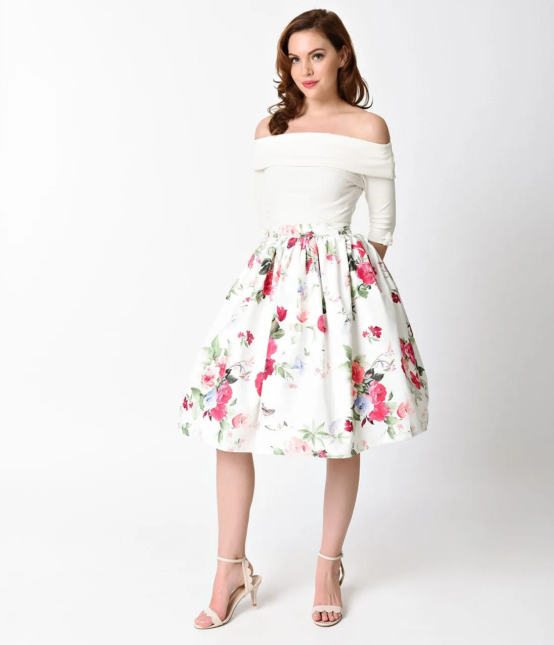 Unique Vintage 1950s White & Rose Posey High Waist Swing Skirt sold by Unique Vintage product image thumbnail 4