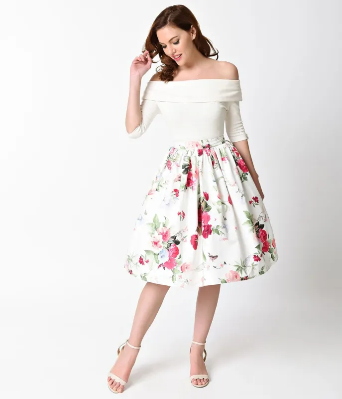 Unique Vintage 1950s White & Rose Posey High Waist Swing Skirt made by Unique Vintage
