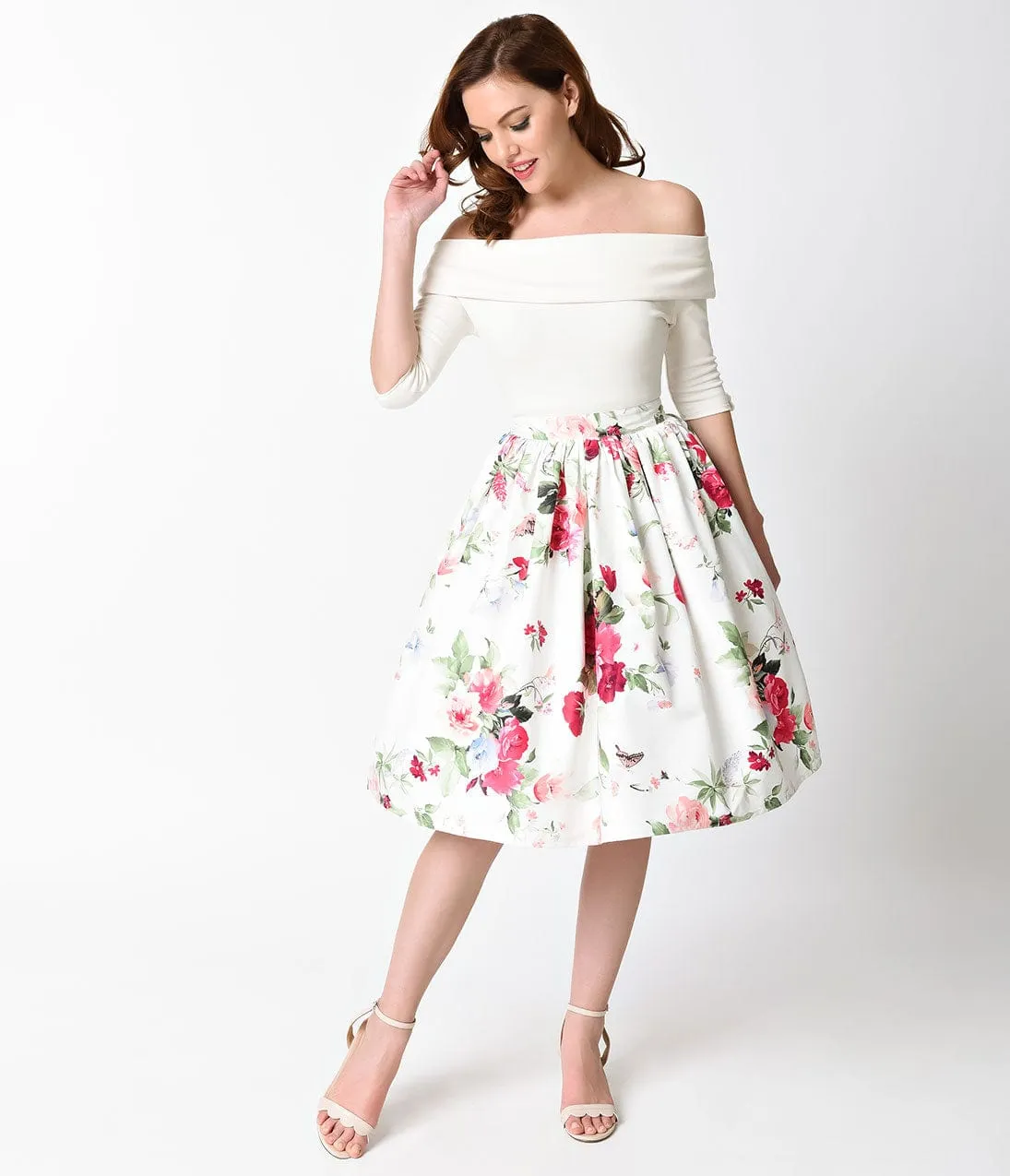 Unique Vintage 1950s White & Rose Posey High Waist Swing Skirt sold by Unique Vintage