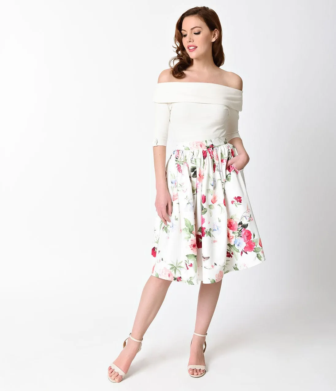 Unique Vintage 1950s White & Rose Posey High Waist Swing Skirt sold by Unique Vintage product image thumbnail 5