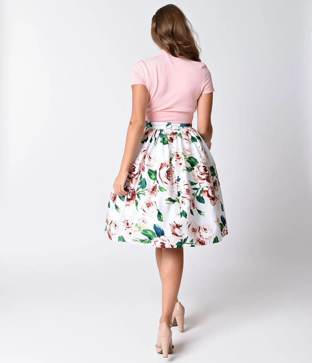 Unique Vintage White & Pink Rose Print High Waist Swing Skirt sold by Unique Vintage product image thumbnail 3