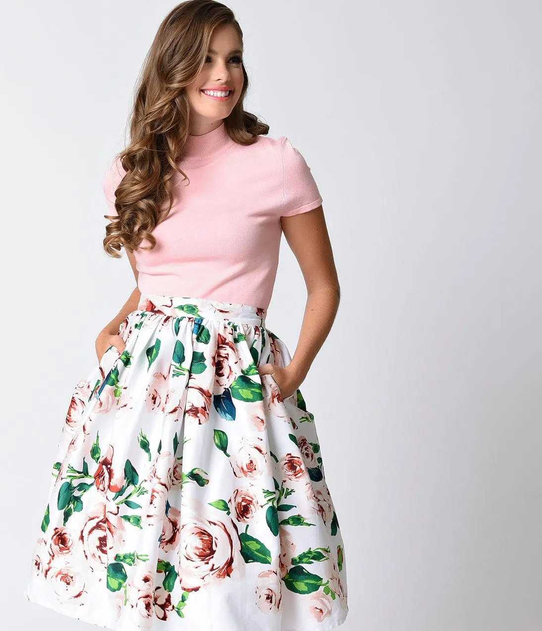 Unique Vintage White & Pink Rose Print High Waist Swing Skirt sold by Unique Vintage product image thumbnail 4