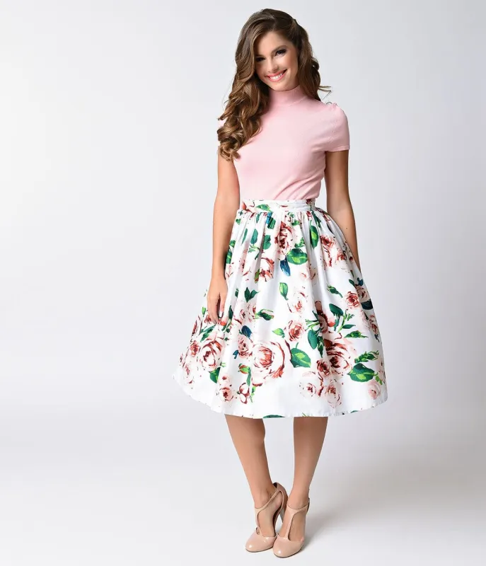 Unique Vintage White & Pink Rose Print High Waist Swing Skirt sold by Unique Vintage