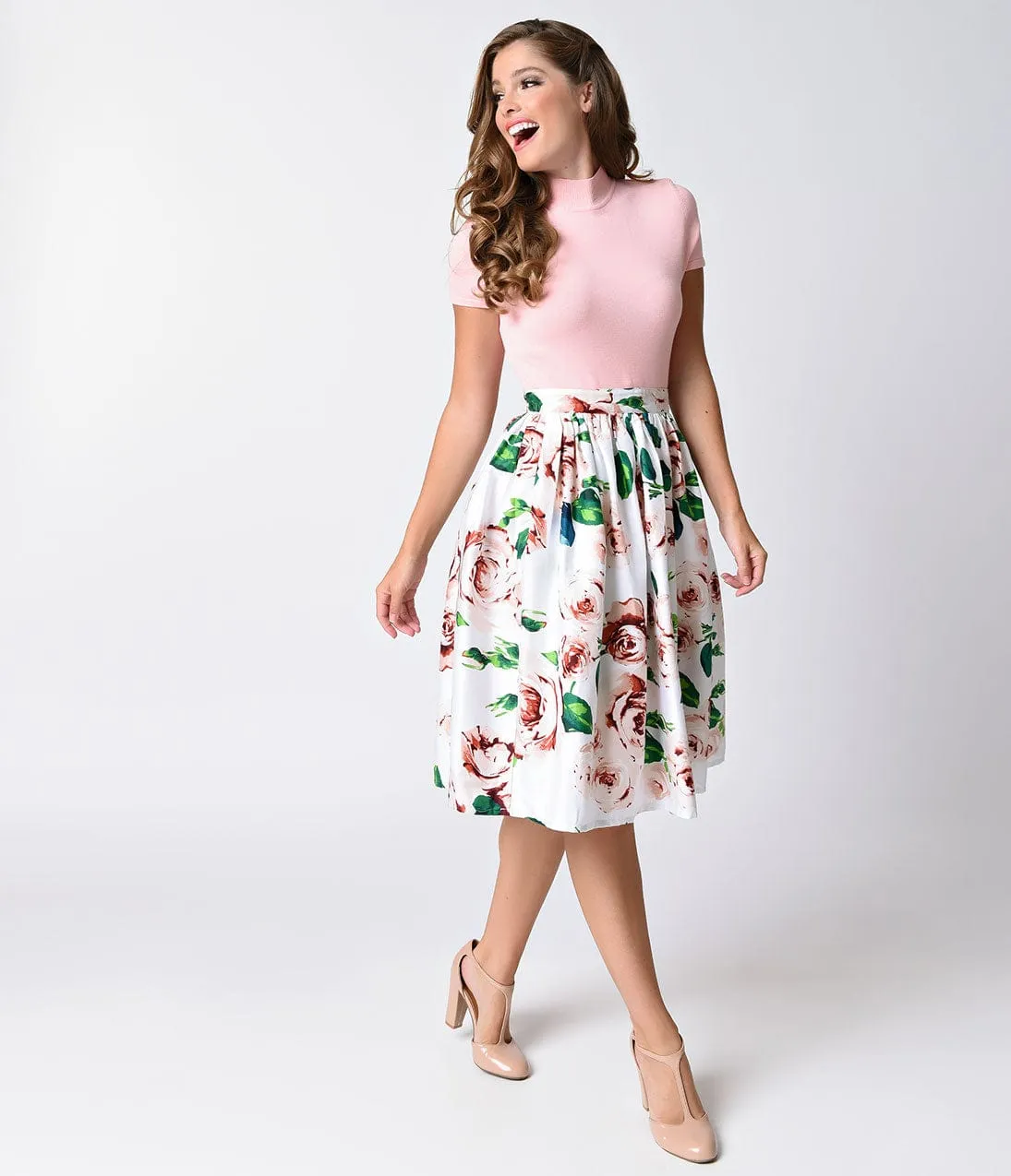 Unique Vintage White & Pink Rose Print High Waist Swing Skirt sold by Unique Vintage product image thumbnail 5