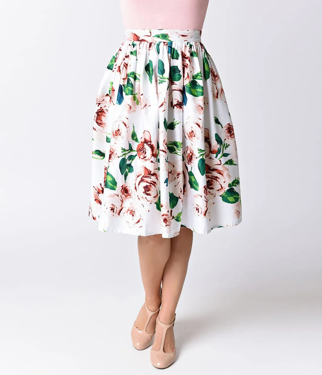 Unique Vintage White & Pink Rose Print High Waist Swing Skirt sold by Unique Vintage product image thumbnail 2