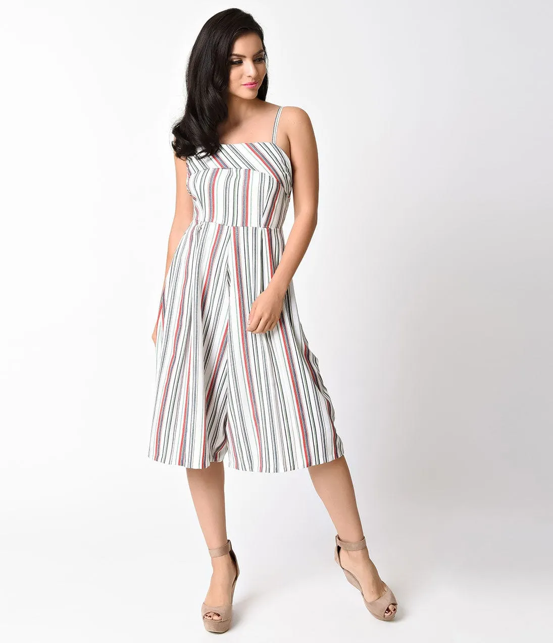 Unique Vintage White & Multicolor Stripe Wide Leg Nancy Romper sold by Unique Vintage