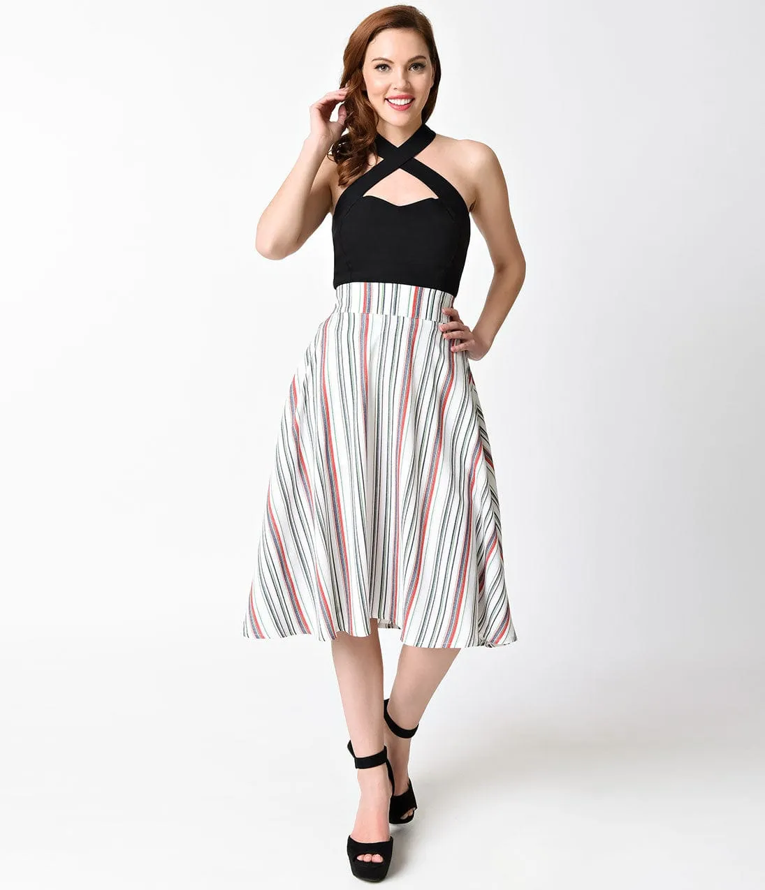 Unique Vintage White & Multi Striped High Waist Vivien Swing Skirt sold by Unique Vintage product image thumbnail 4