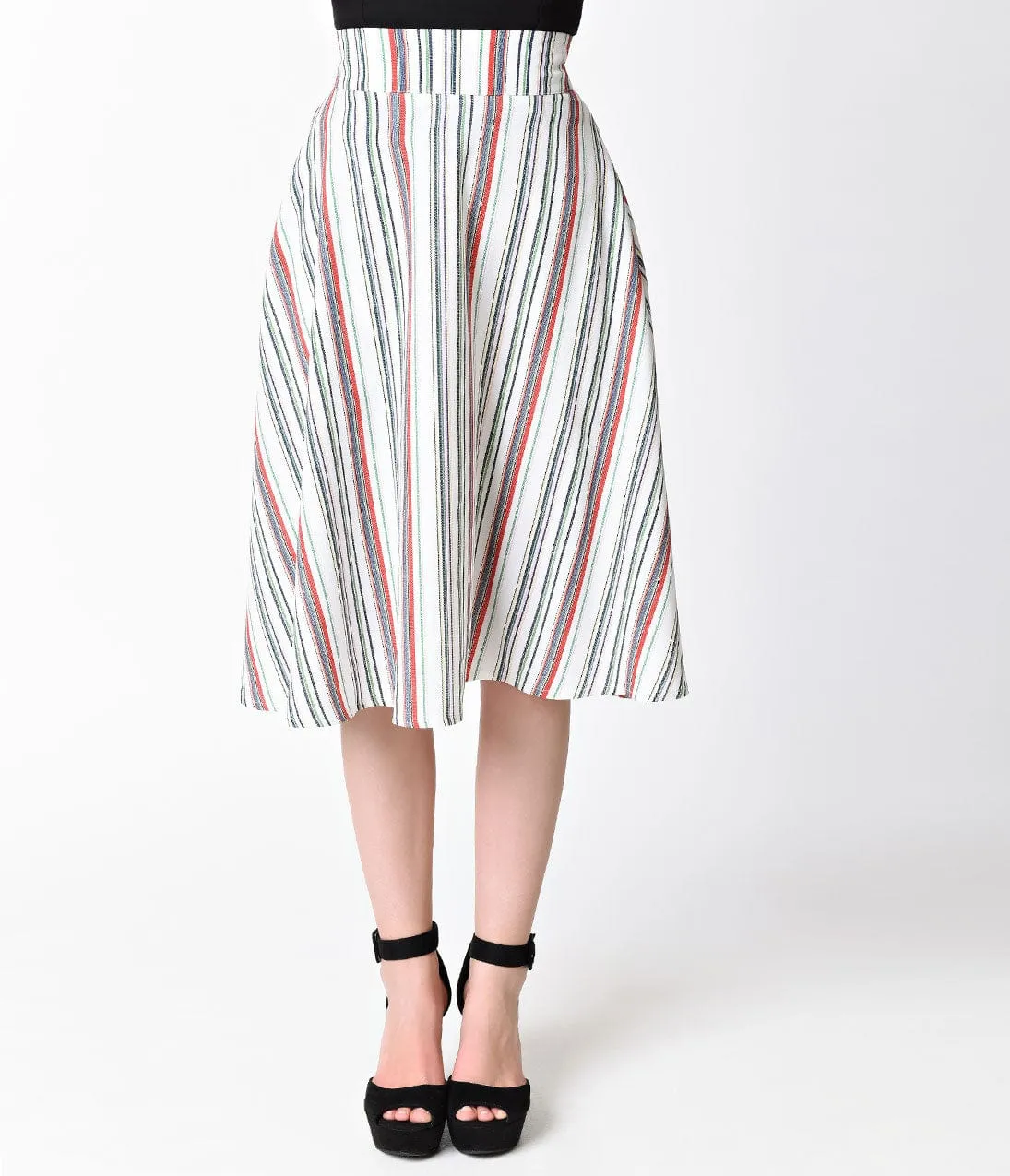 Unique Vintage White & Multi Striped High Waist Vivien Swing Skirt sold by Unique Vintage