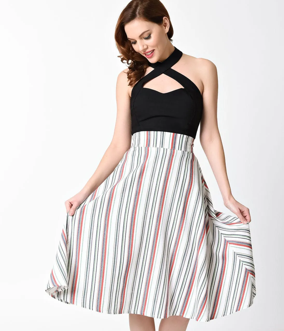 Unique Vintage White & Multi Striped High Waist Vivien Swing Skirt sold by Unique Vintage product image thumbnail 2