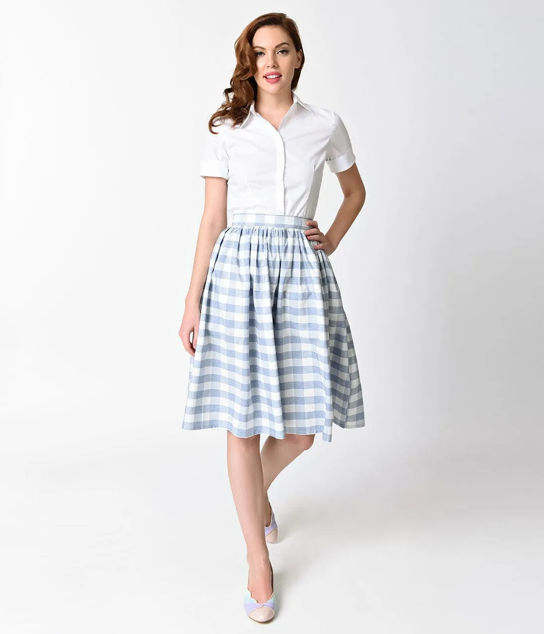 Unique Vintage 1950s Light Blue & White Gingham High Waist Swing Skirt sold by Unique Vintage product image thumbnail 5
